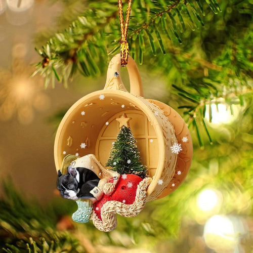 Godmerch- Ornament- Boston Terrier Sleeping In A Cup Christmas Ornament Dog Ornament, Car Ornament, Christmas Ornament