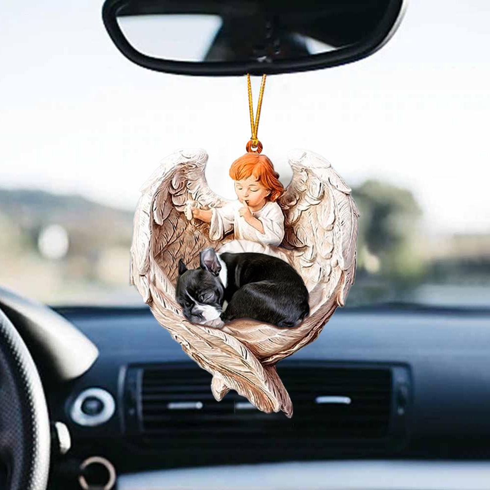Dog Hanging Ornaments Sleeping Boston Terrier Protected By Angel Car Hanging Ornament