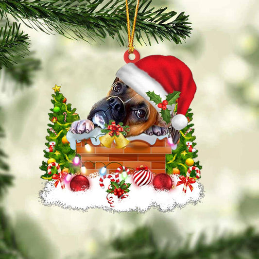 Boxer In The Chimney Hanging Ornament Dog Christmas Ornament