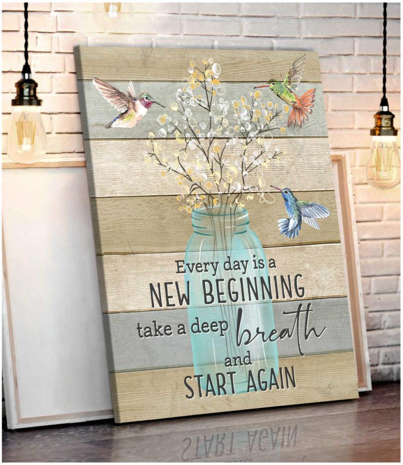 Hummingbird Canvas Wall Art - Breath Flowers And Hummingbirds Every Day Is A New Beginning Canvas Wall Art Home House Decor