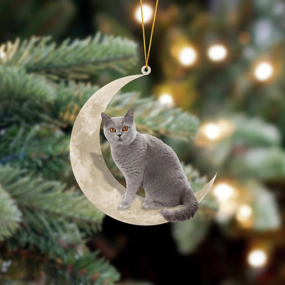 British Shorthair Cat Sits On The Moon Hanging Ornament, Animal Christmas Ornaments