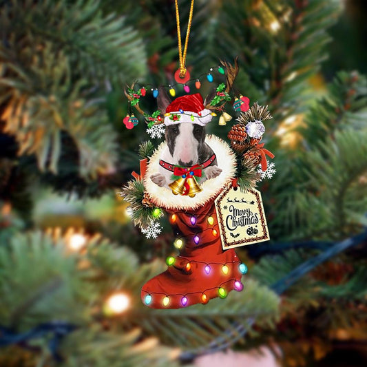 Godmerch- Ornament- Bull Terrier-Xmas Boot-Two Sided Ornament, Happy Christmas Ornament, Car Ornament