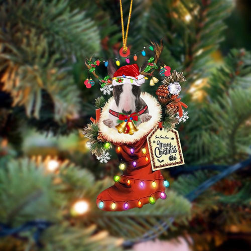 Godmerch- Ornament- Bull Terrier-Xmas Boot-Two Sided Ornament, Happy Christmas Ornament, Car Ornament