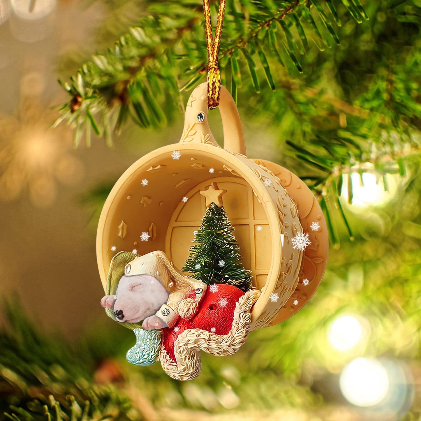 Godmerch- Bull Terrier Sleeping in a tiny cup Christmas Holiday-Two Sided Ornament, Christmas Ornament, Car Ornament