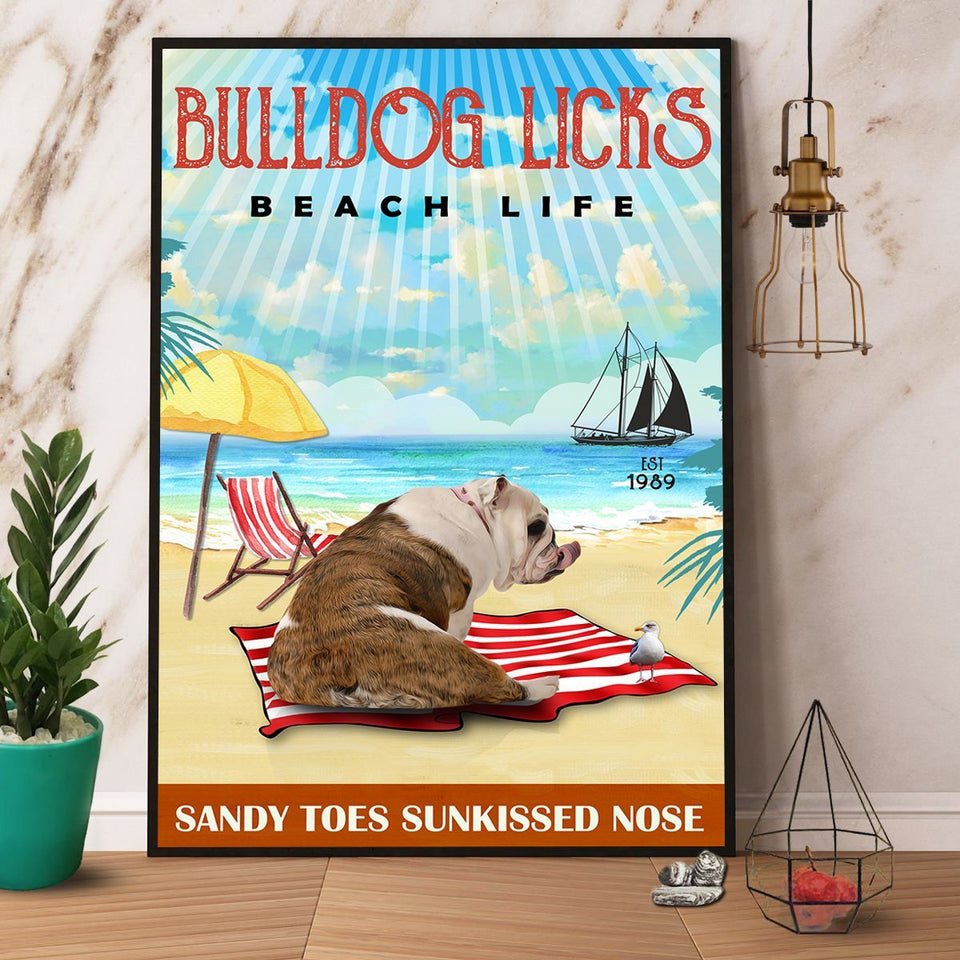 Bulldog Licks Beach Life Canvas And Poster, Wall Decor Visual Art