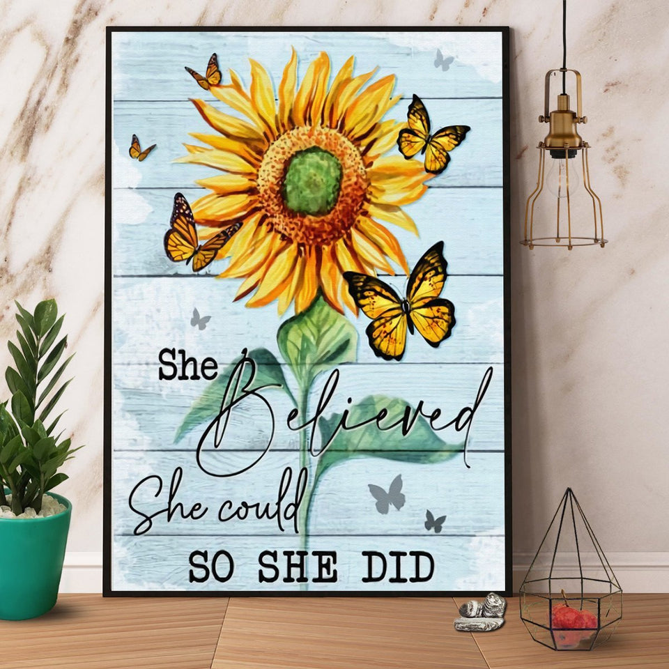 Butterfly Sunflower She Believed She Could So She Did Canvas And Poster, Wall Decor Visual Art