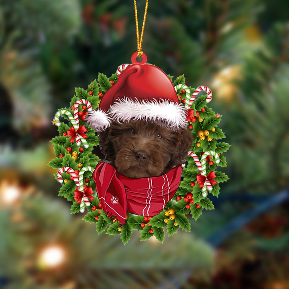 Ornament- CHOCOLATE Labradoodle-Xmas Bandana Hanging Ornament, Happy Christmas Ornament, Car Ornament