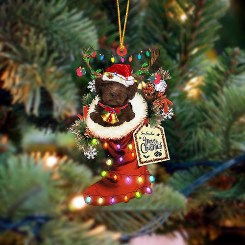 Godmerch- Ornament- CHOCOLATE Labradoodle-Xmas Boot-Two Sided Ornament, Happy Christmas Ornament, Car Ornament
