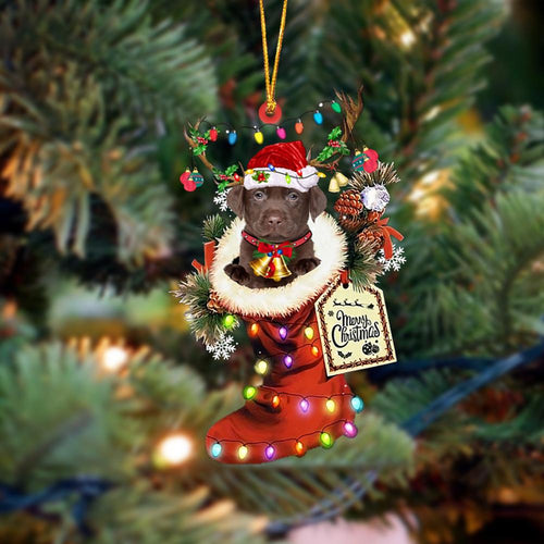 Godmerch- Ornament- CHOCOLATE Labrador-Xmas Boot-Two Sided Ornament, Happy Christmas Ornament, Car Ornament