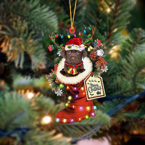 Godmerch- Ornament- CHOCOLATE Labrador-Xmas Boot-Two Sided Ornament, Happy Christmas Ornament, Car Ornament