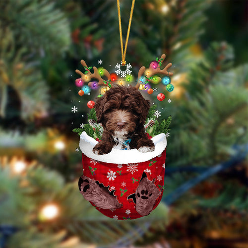 Chocolate Goldendoodle-In Christmas Pocket Two Sides Ornament, Christmas Dog Hanging Ornament