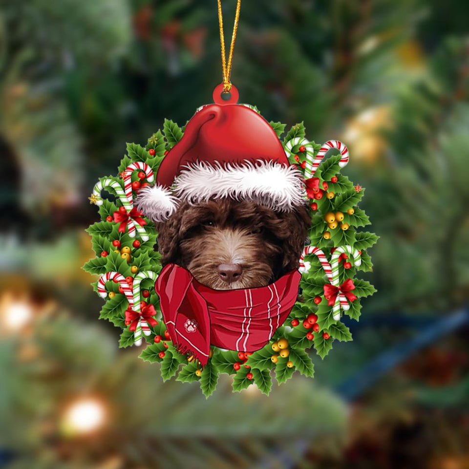 Ornament- CHOCOLATE goldendoodle-Xmas Bandana Hanging Ornament, Happy Christmas Ornament, Car Ornament