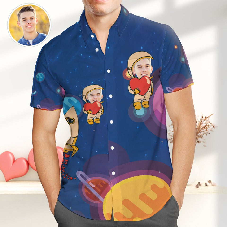 Custom Face Hawaiian Shirts Astronaut with Heart Shirts Gift for Lovers