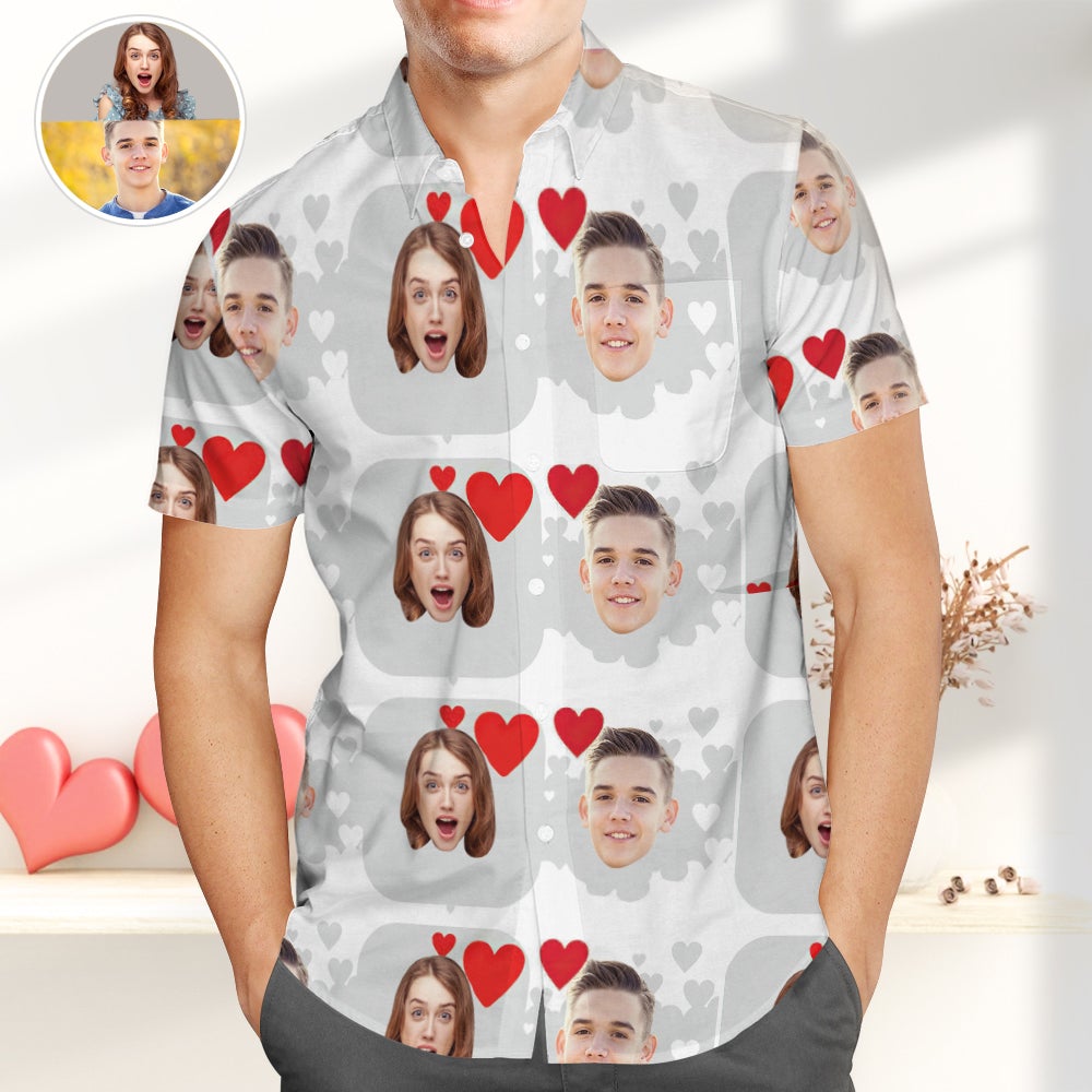 Personalised Photo Hawaiian Shirts with Heart, Casual Button-Down Shirts, Great Valentines Gift