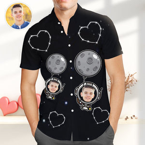 Custom Photo Hawaiian Shirt Funky Astronaut Casual Button-Down Shirt with Ballon