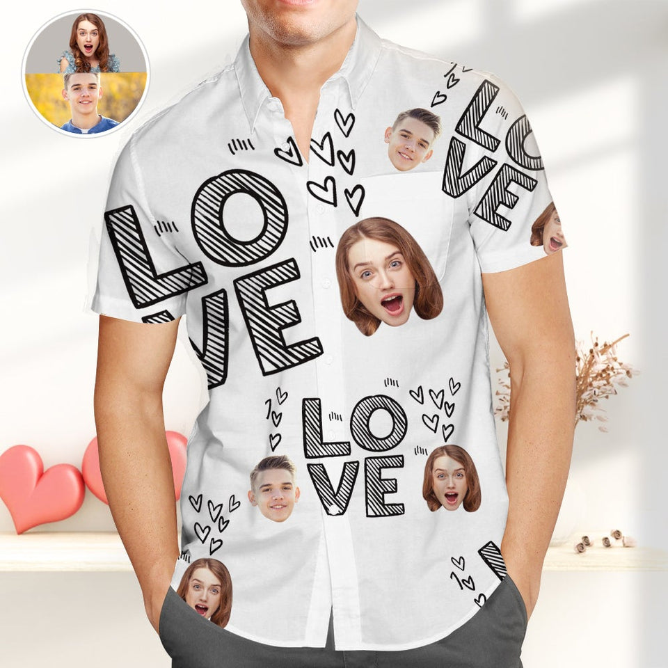 Custom Face Hawaiian Shirts for Boyfriends Short-Sleeve Regular Fit Shirts with Love