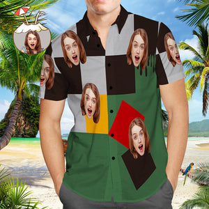 Custom Photo Hawaiian Shirt, Vintage Style Checkerboard, Casual Button-Down Short-Sleeve