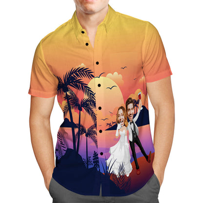 Custom Photo Hawaiian Shirt Personalised Sunset and Coconut Grove Wedding Hawaiian Shirt