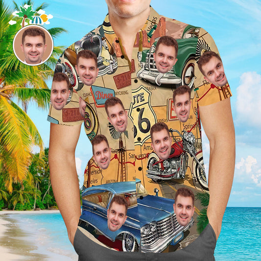 Custom Face Hawaiian Shirt Vintage Route 66 Aloha Beach Shirt Gift for Him