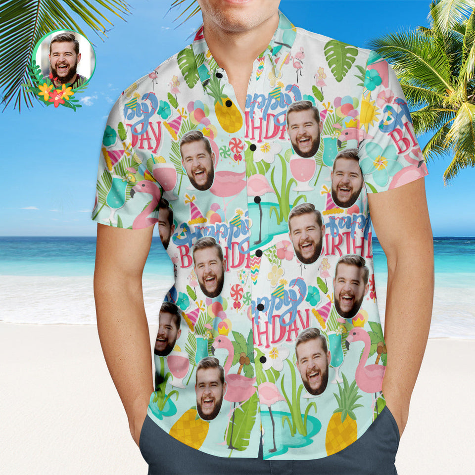 Custom Happy Birthday Hawaiian Shirt Flamingo Party Personalized Face Shirt