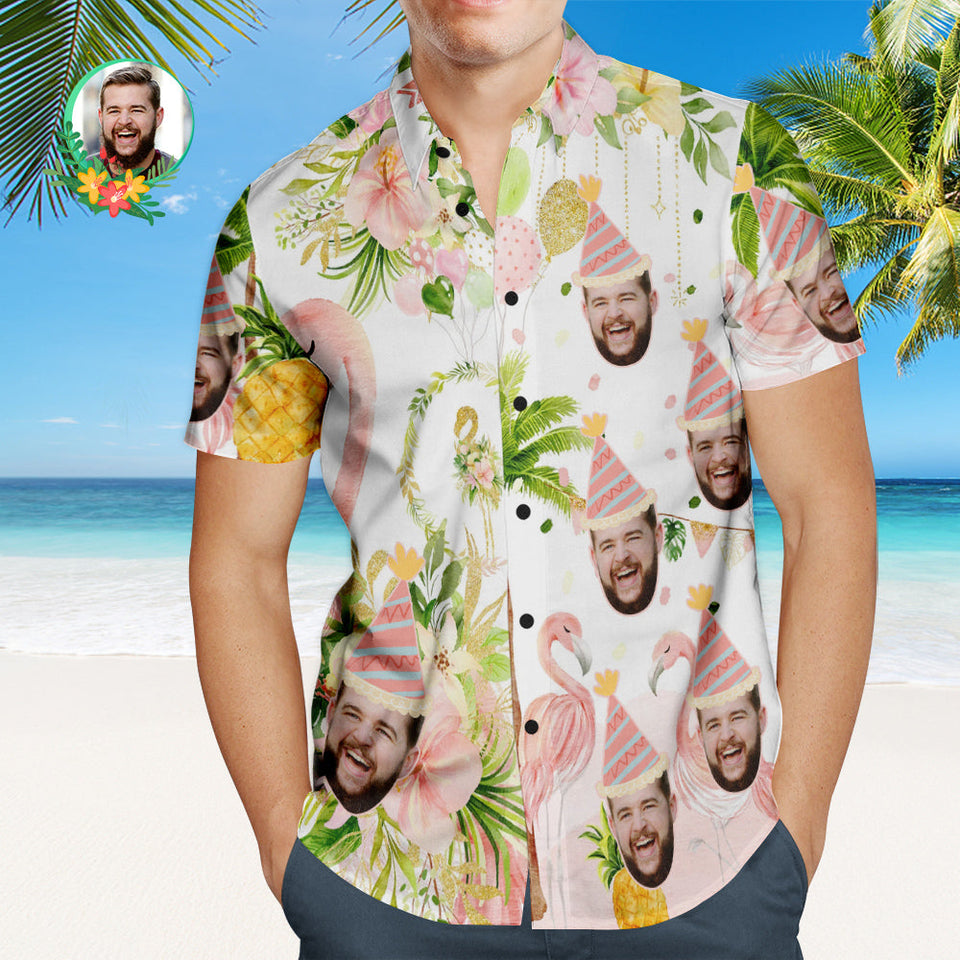 Custom Flamingo Birthday Party Hawaiian Shirt Personalized Face Shirt