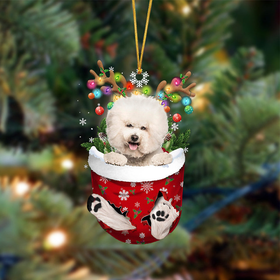 Ornament- CREAM Bichon Frise-In Christmas Pocket Two Sides Ornament, Happy Christmas Ornament, Car Ornament