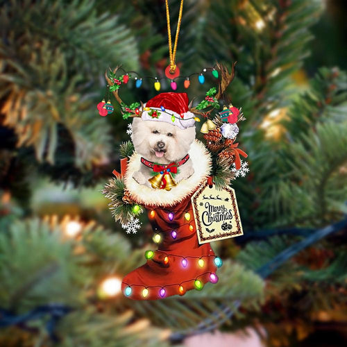 Godmerch- Ornament- CREAM Bichon Frise-Xmas Boot-Two Sided Ornament, Happy Christmas Ornament, Car Ornament