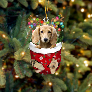 CREAM Lng haired Dachshund In Snow Pocket Christmas Ornament Flat Acrylic Dog Ornament
