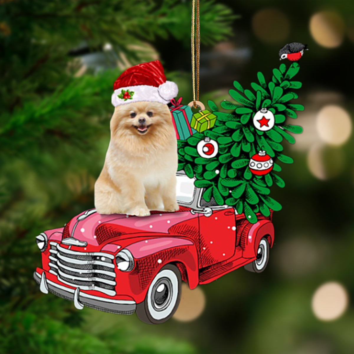 Godmerch- Ornament- CREAM Pomeranian-Pine Truck Hanging Ornament, Happy Christmas Ornament, Car Ornament