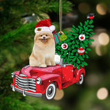 Cream Pomeranian-Pine Truck Hanging Ornament