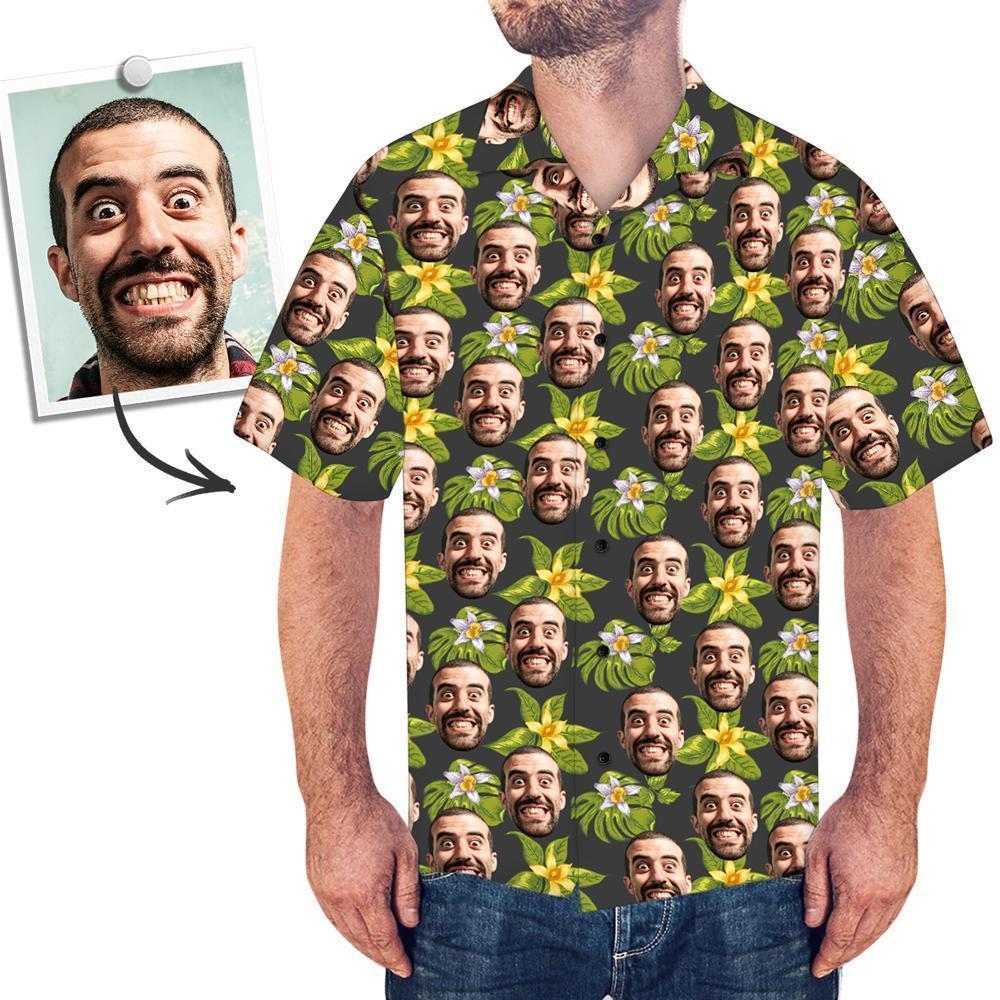 Custom Face Hawaiian Shirt for Men Green Flowers