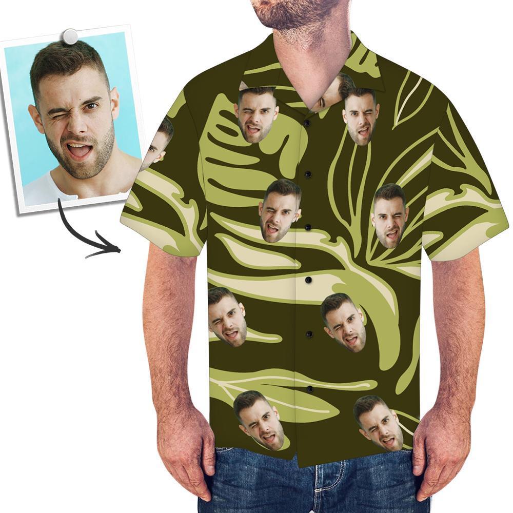 Personalised Hawaiian Shirt with Face Dark Green Leaves