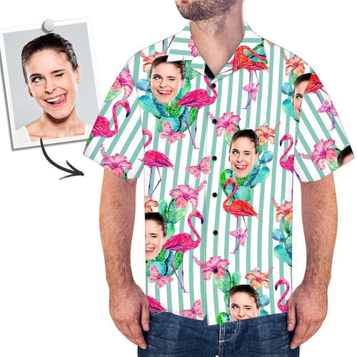 Personalised Face Hawaiian Shirt All Over Print Stripe Flamingo