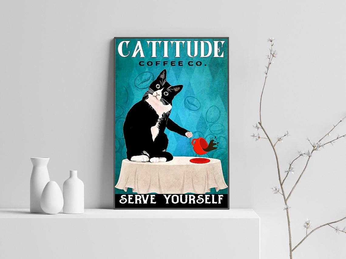 Catitude Coffee Co. Serve Yourself poster, Coffee wall art, Canvas art print, Cat poster, Kitty Canvas And Poster, Canvas Wall Art, Wall Decor Visual Art