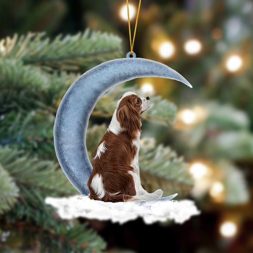 Godmerch- Cavalier King Charles Spaniel Sits On The Moon Hanging Ornament, Car Ornament, Christmas Ornament