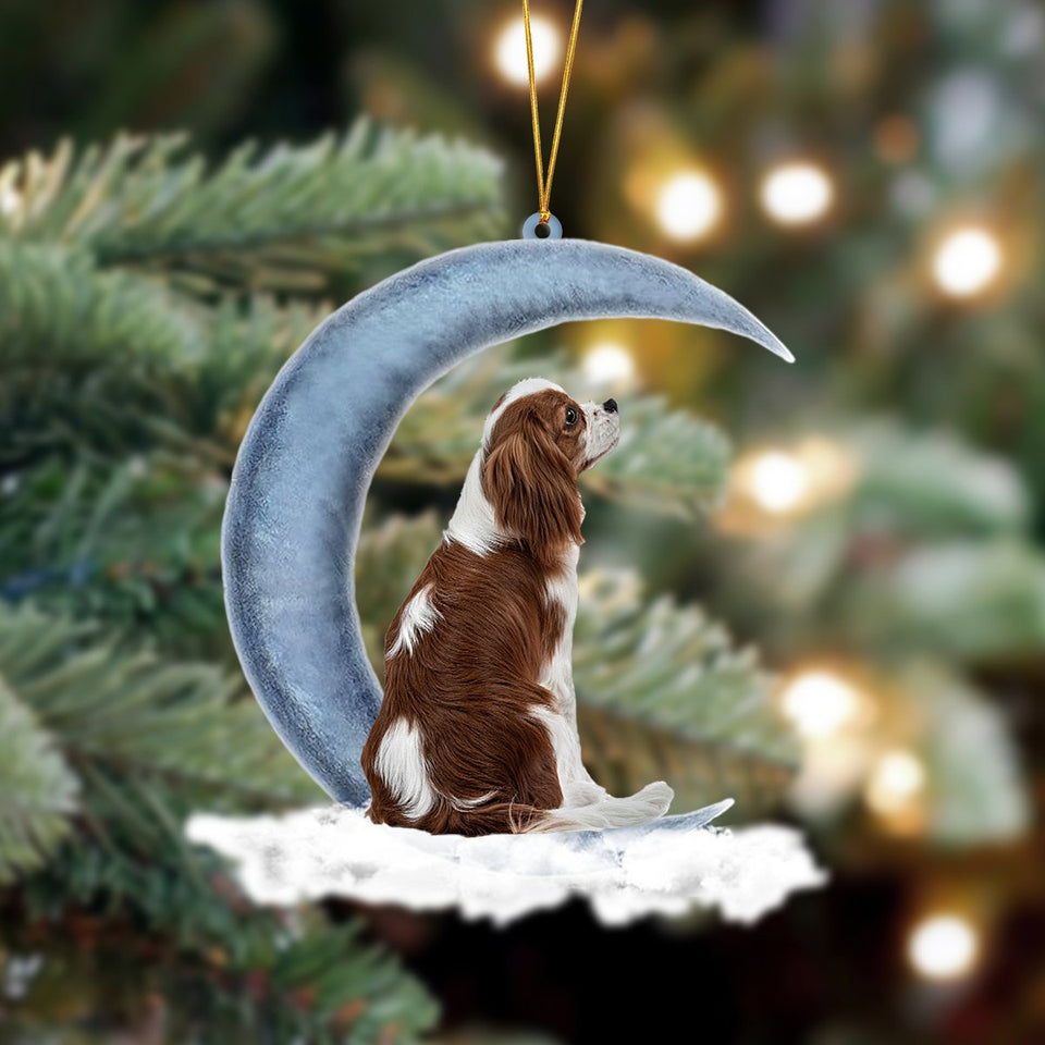 Godmerch- Cavalier King Charles Spaniel Sits On The Moon Hanging Ornament, Car Ornament, Christmas Ornament