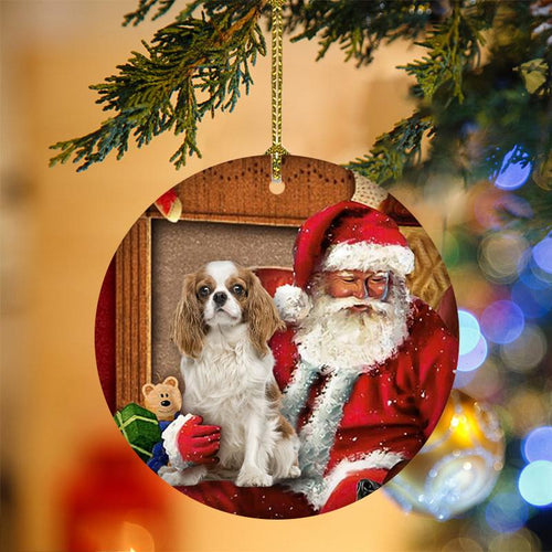 Ornament- Cavalier King Charles Spaniel With Santa Christmas Ornament, Happy Christmas Ornament, Car Ornament