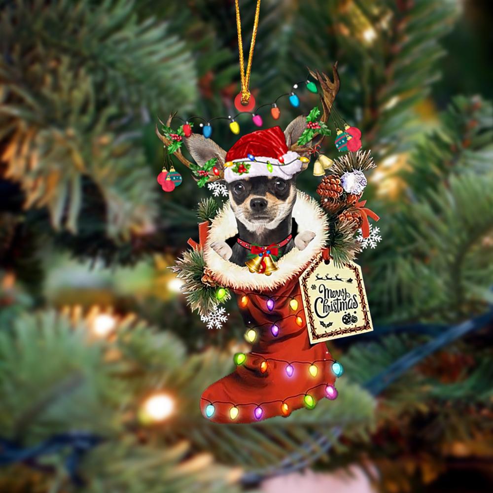 Godmerch- Ornament- Chihuahua-Xmas Boot-Two Sided Ornament, Happy Christmas Ornament, Car Ornament
