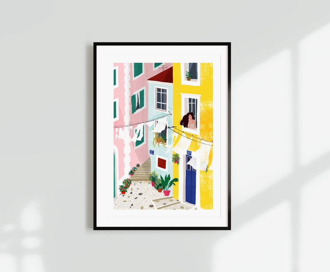 Chillin', home decor, alfama, illustration, girl, city, street, portugal Canvas And Poster, Wall Decor Visual Art