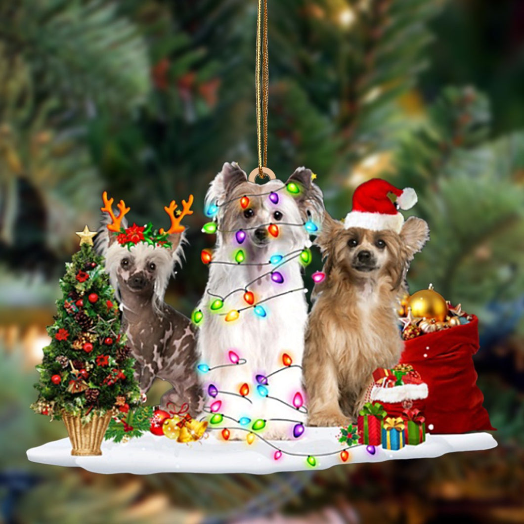 Ornament- Chinese Crested Dog-Christmas Dog Friends Hanging Ornament, Happy Christmas Ornament, Car Ornament