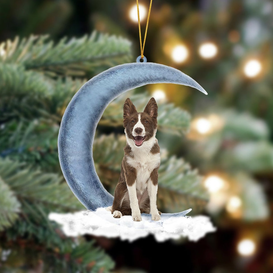 Godmerch- Chocolate Border Collie Sits On The Moon Hanging Ornament Dog Ornament, Car Ornament, Christmas Ornament