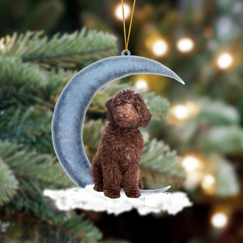 Godmerch- Chocolate Labradoodle Sits On The Moon Hanging Ornament Dog Ornament, Car Ornament, Christmas Ornament