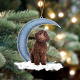 Godmerch- Chocolate Labradoodle Sits On The Moon Hanging Ornament Dog Ornament, Car Ornament, Christmas Ornament