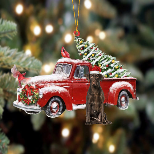 Ornament- Chocolate Labrador 1-Cardinal & Truck Two Sided Ornament, Happy Christmas Ornament, Car Ornament