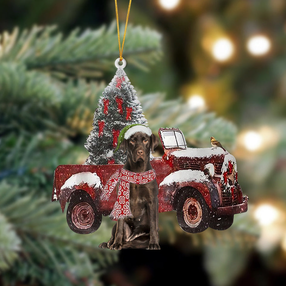 Ornament- Chocolate Labrador 1-Christmas Truck Two Sided Ornament, Happy Christmas Ornament, Car Ornament