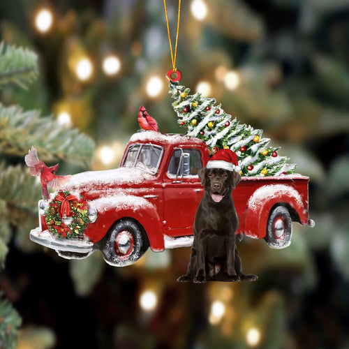 Ornament- Chocolate Labrador 2-Cardinal & Truck Two Sided Ornament, Happy Christmas Ornament, Car Ornament