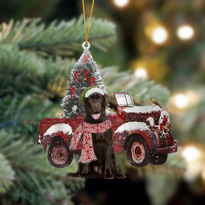 Ornament- Chocolate Labrador 2-Christmas Truck Two Sided Ornament, Happy Christmas Ornament, Car Ornament