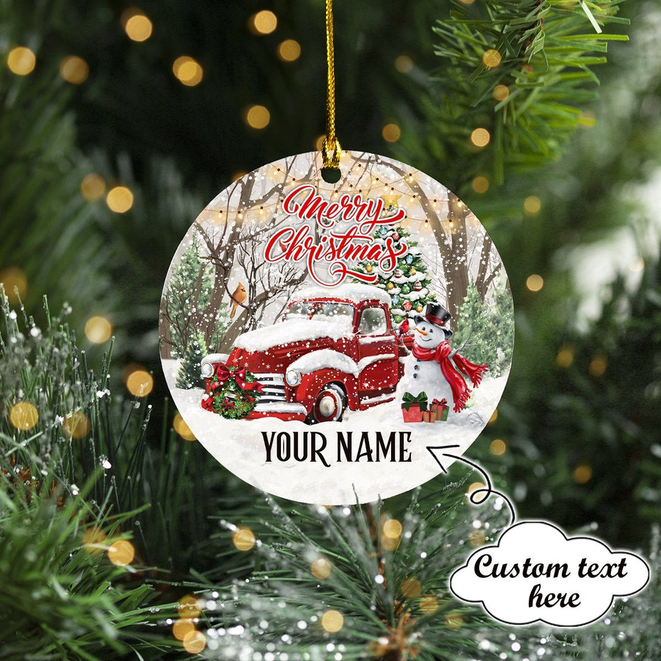 Custom Name Snowman with Red Truck Christmas Orrnament