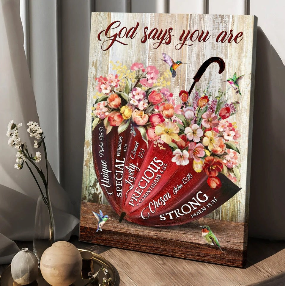 Colorful flowers, Red umbrella, God says you are unique - Matte Canvas