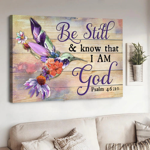 Colorful hummingbird, Flower painting, Be still and know that I am God - Matte Canvas
